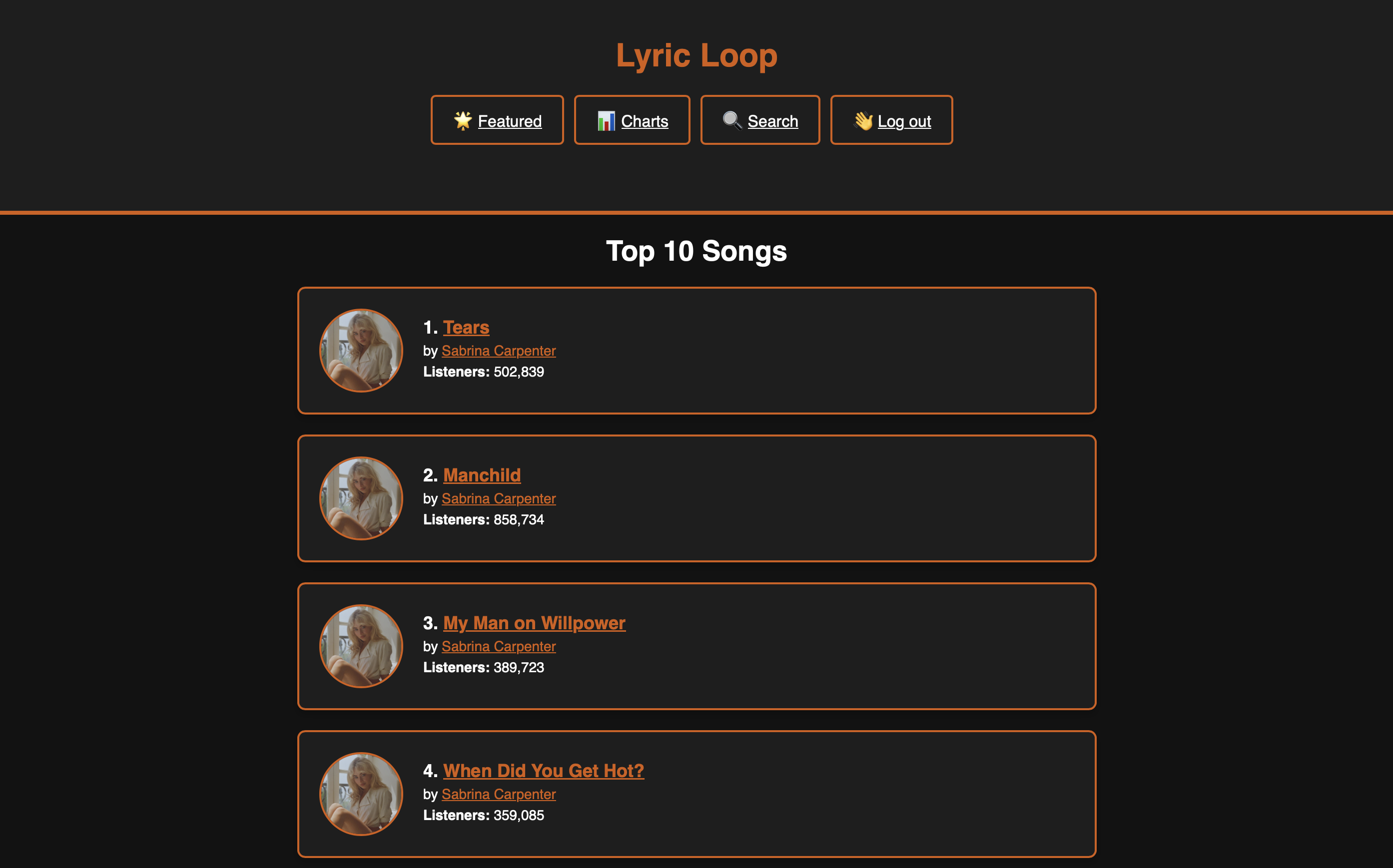Lyric Loop Charts Page