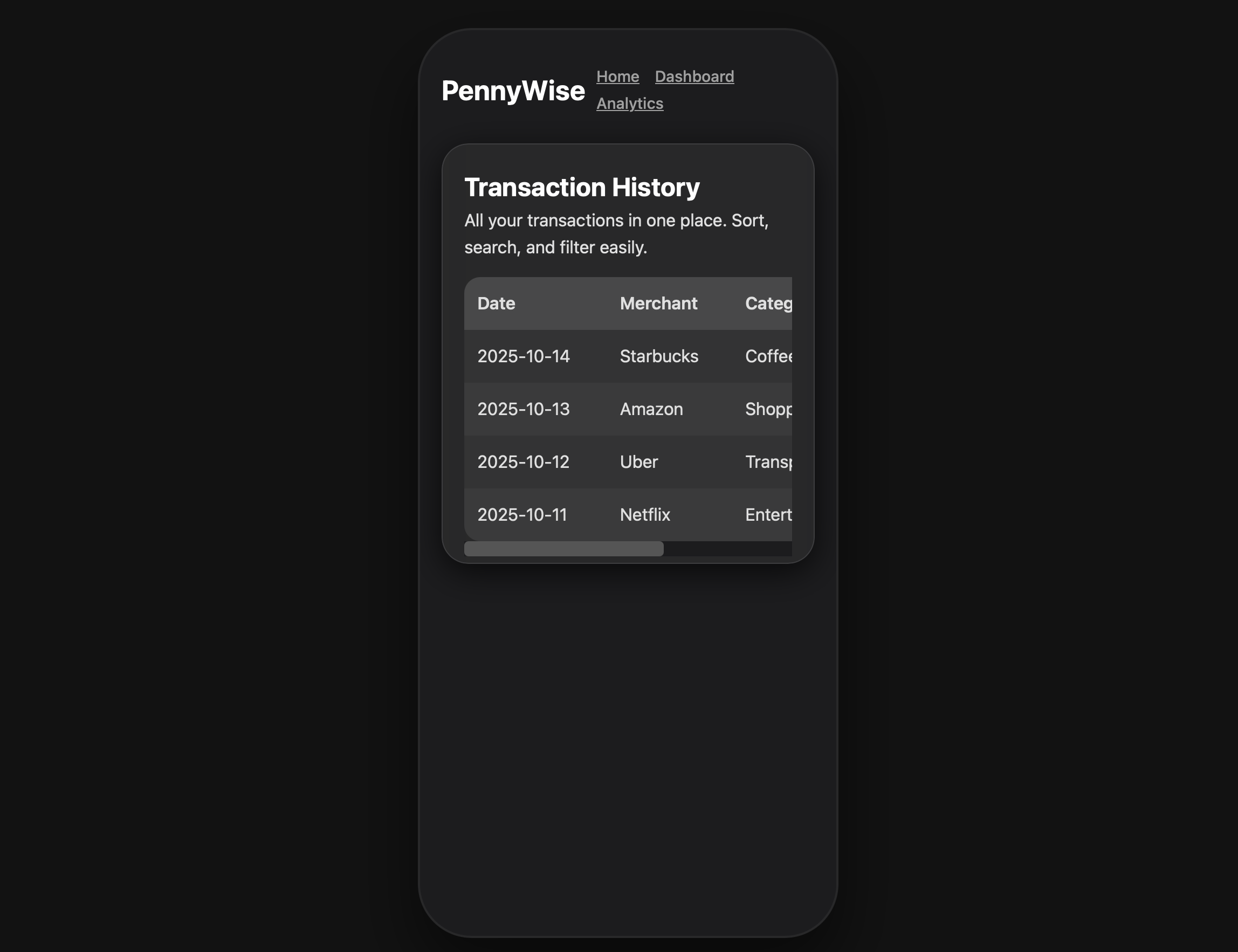 PennyWise Transaction Page